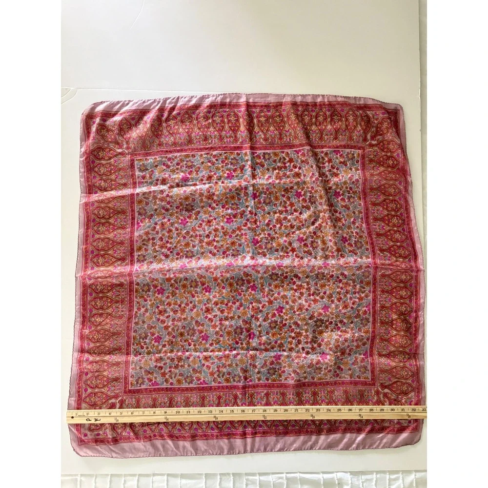 Vintage 100% Pure Silk Scarf Made in India Pink Floral Paisley Hand Rolled 32x32
